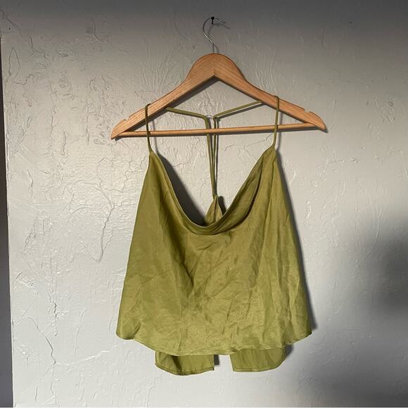 Olive Green Cowlneck Backless Tank Going out Top Flowy Draped sz Large - Picture 1 of 5